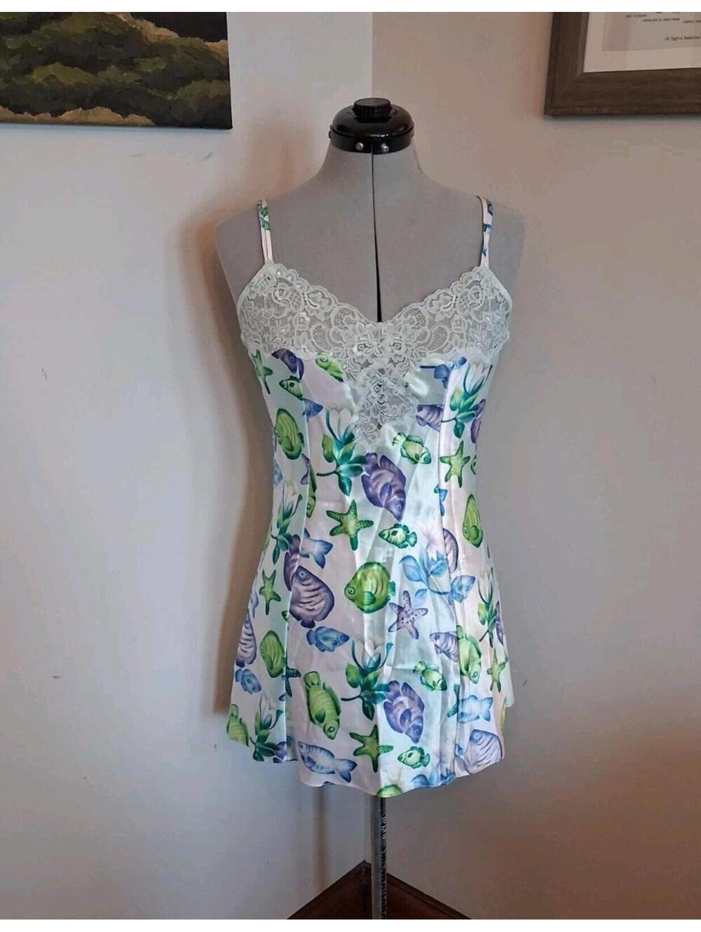 Vintage Victoria Secret Chemise, Novelty Print Mini Dress Sz Sm 80s Fish Themed